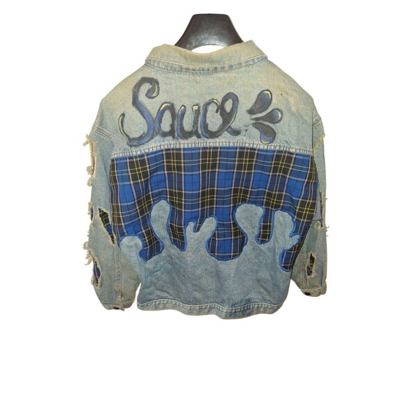 Custom Vintage Denim Jacket Trucker Size L Sauce Blue Plaid Drip Rizz Ripped - Picture 1 of 11